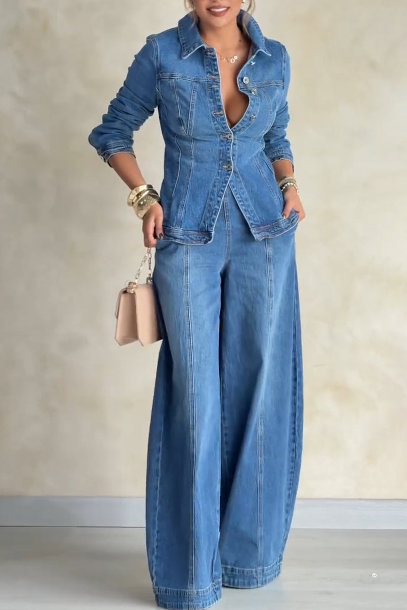 Women's Collar Patchwork Denim Jacket or Washed Wide Leg Jeans