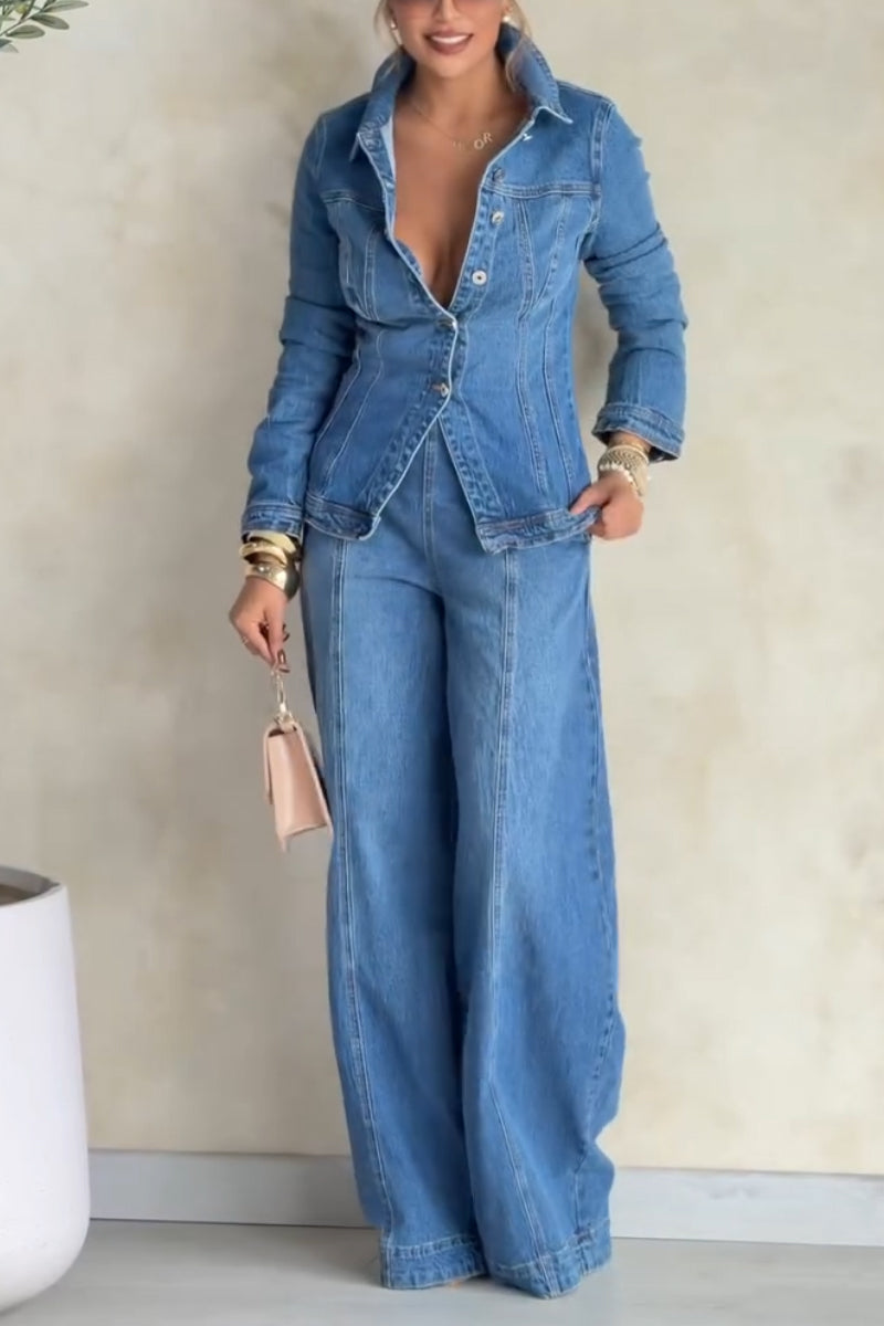 Women's Collar Patchwork Denim Jacket or Washed Wide Leg Jeans