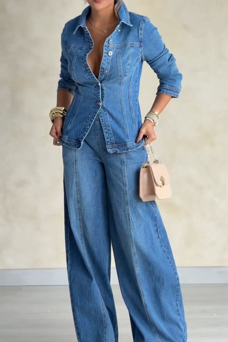 Women's Collar Patchwork Denim Jacket or Washed Wide Leg Jeans
