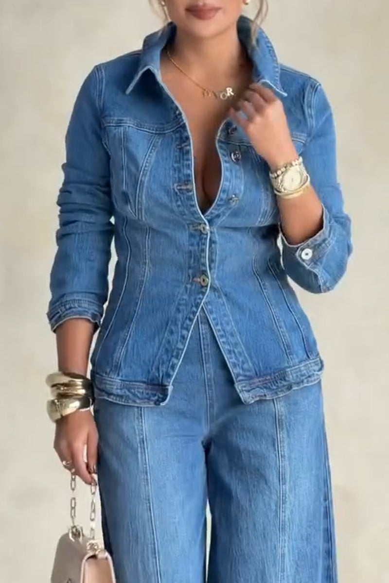 Women's Collar Patchwork Denim Jacket or Washed Wide Leg Jeans