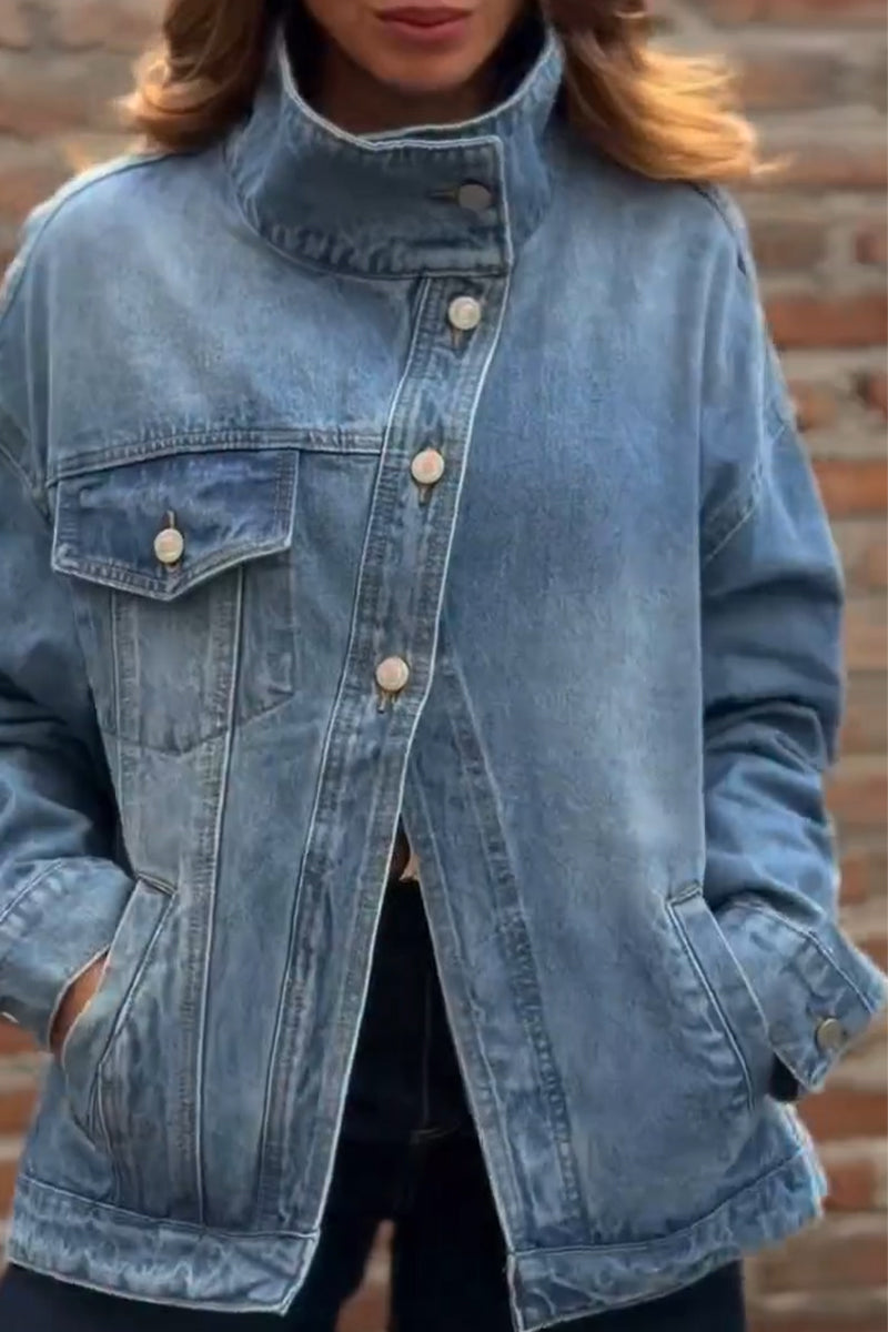 Women's Standing Collar Washed Water Spliced Casual Denim Jacket