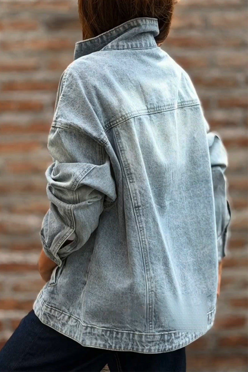 Women's Standing Collar Washed Water Spliced Casual Denim Jacket