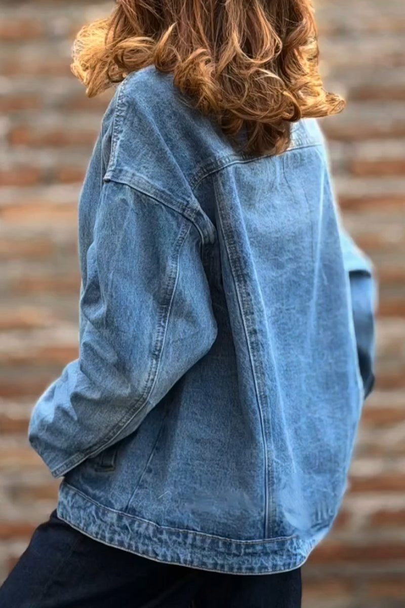 Women's Standing Collar Washed Water Spliced Casual Denim Jacket