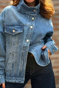 Women's Standing Collar Washed Water Spliced Casual Denim Jacket