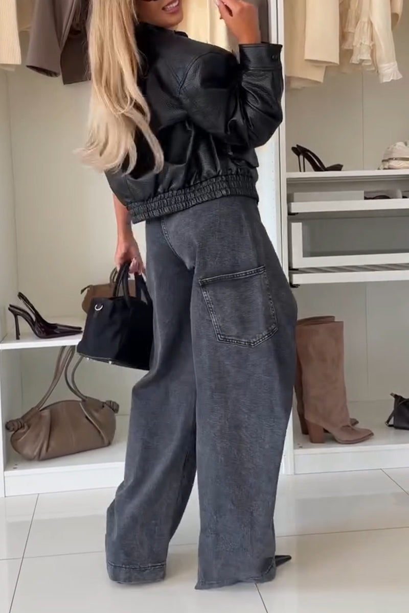 Women's Temperament Leather Jacket or Spliced Wide Leg Jeans