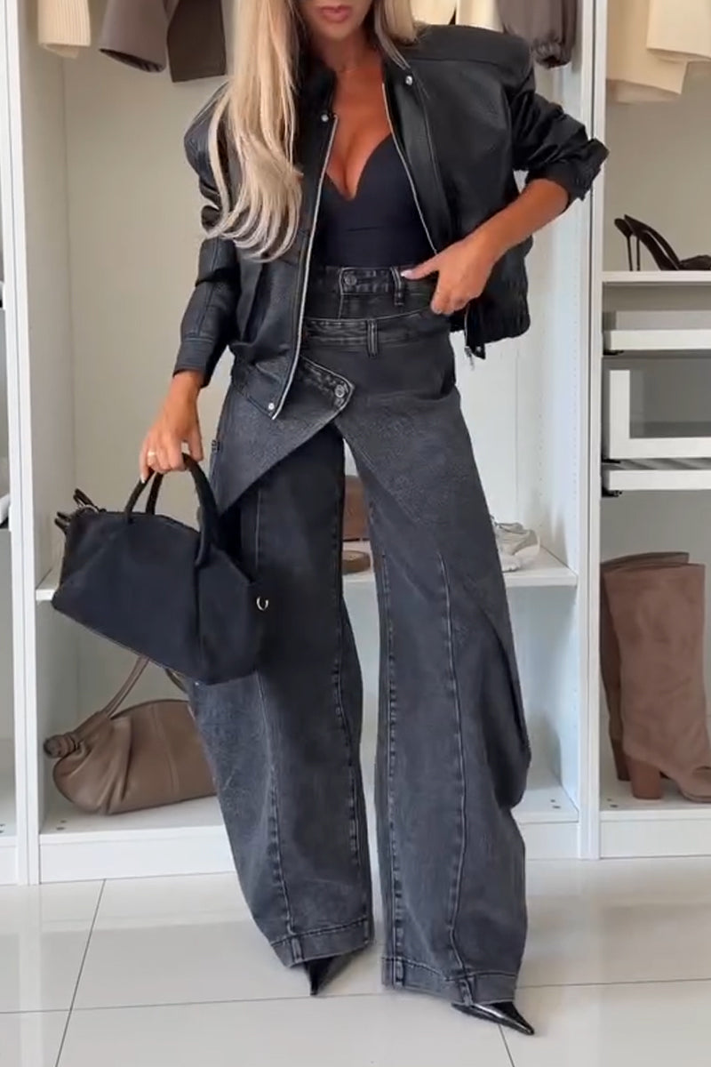 Women's Temperament Leather Jacket or Spliced Wide Leg Jeans