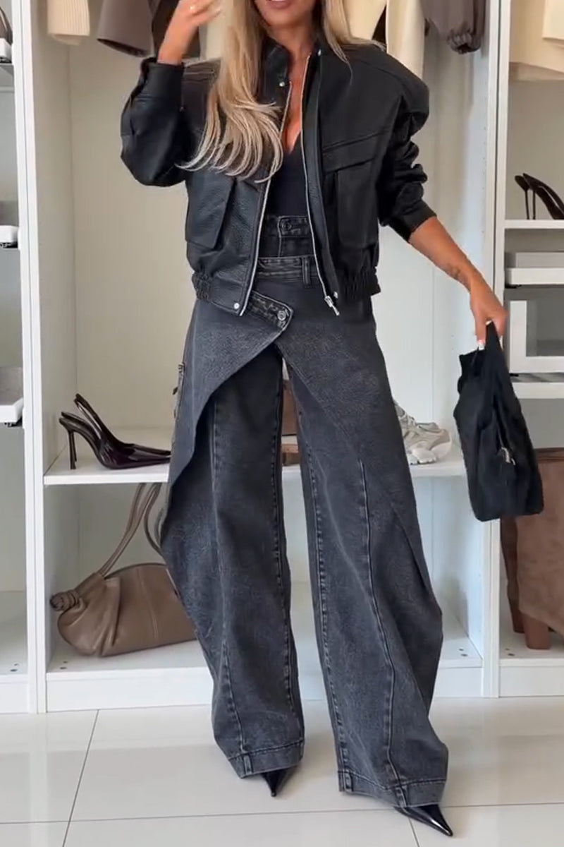 Women's Temperament Leather Jacket or Spliced Wide Leg Jeans