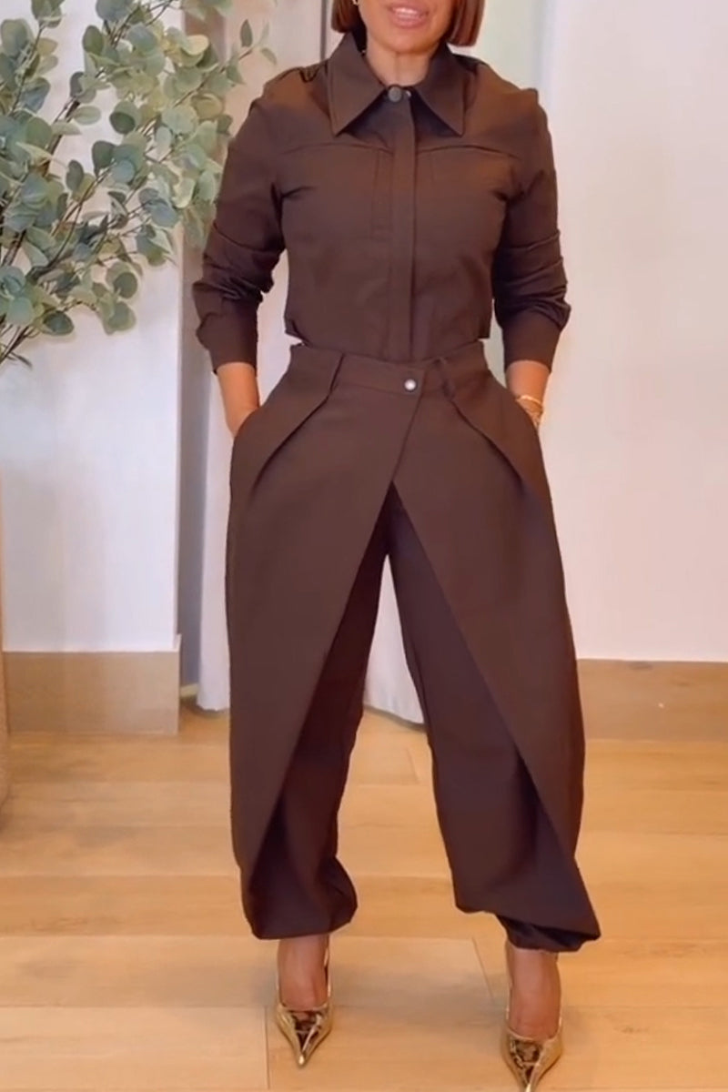 Women's Fashion Commuter Shirt Overlap Elastic Cuff Pants Two-Piece Set