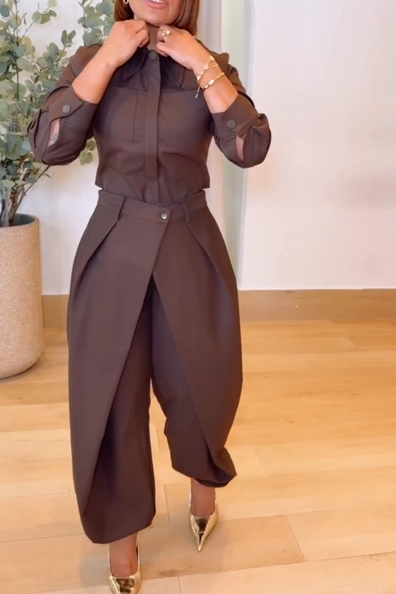 Women's Fashion Commuter Shirt Overlap Elastic Cuff Pants Two-Piece Set
