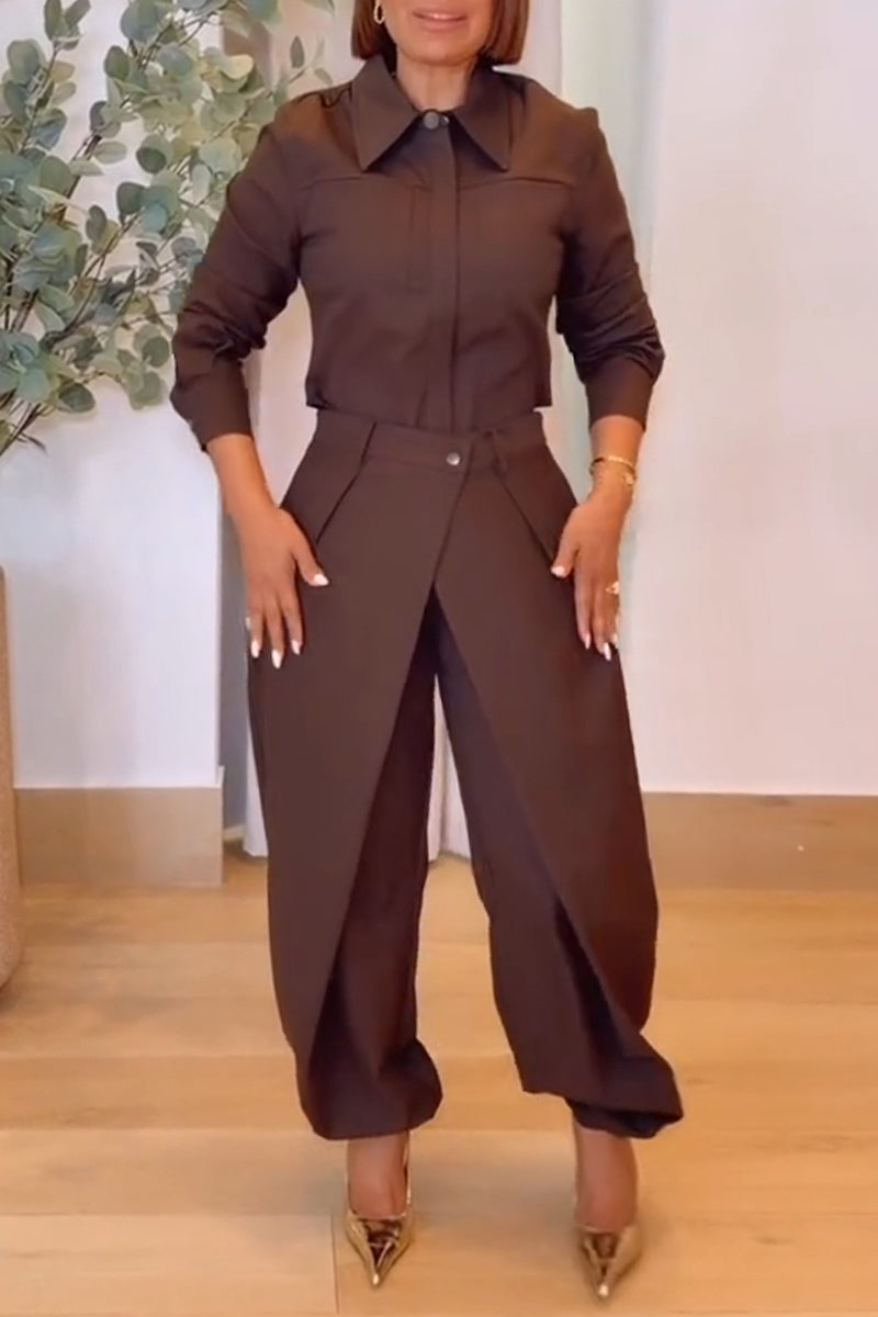 Women's Fashion Commuter Shirt Overlap Elastic Cuff Pants Two-Piece Set