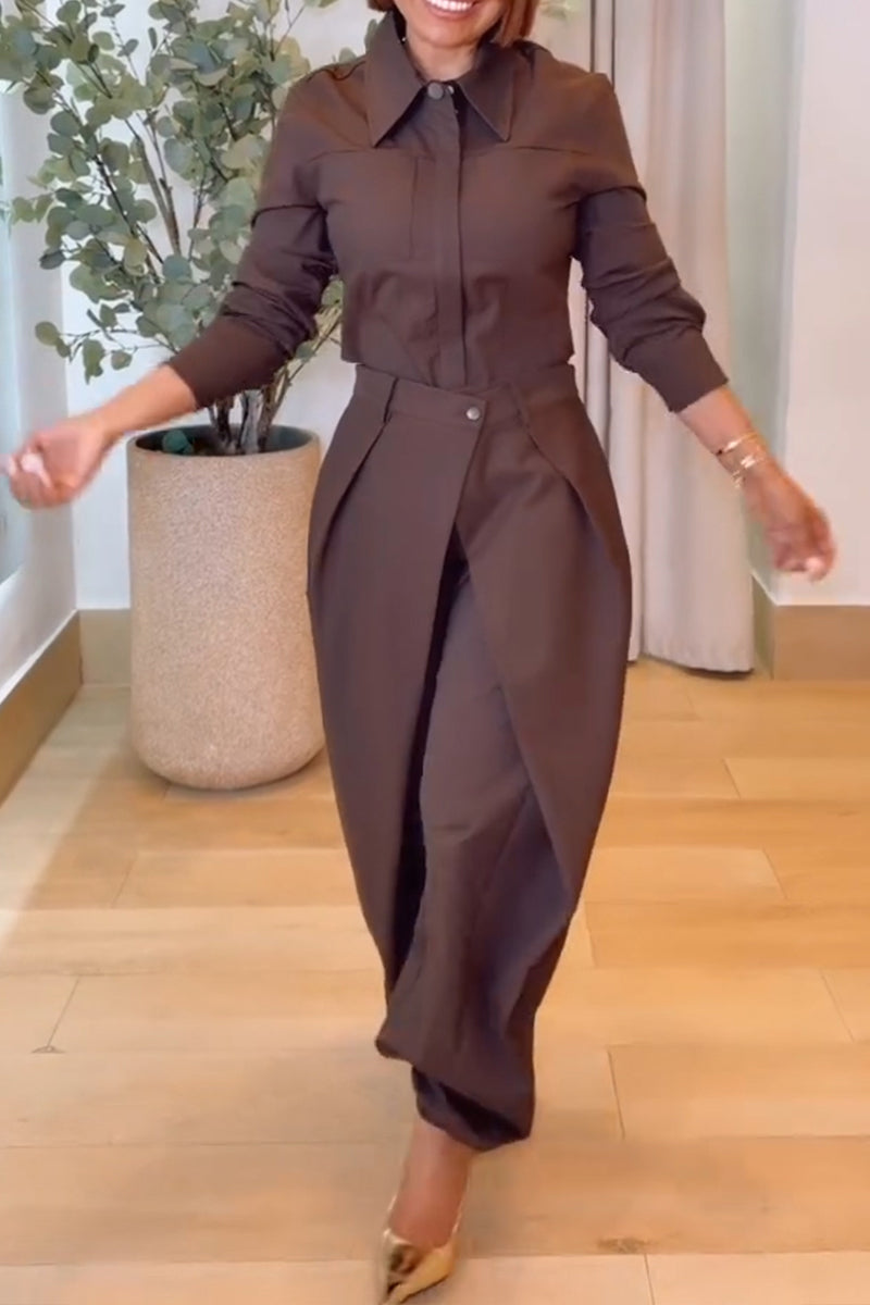 Women's Fashion Commuter Shirt Overlap Elastic Cuff Pants Two-Piece Set