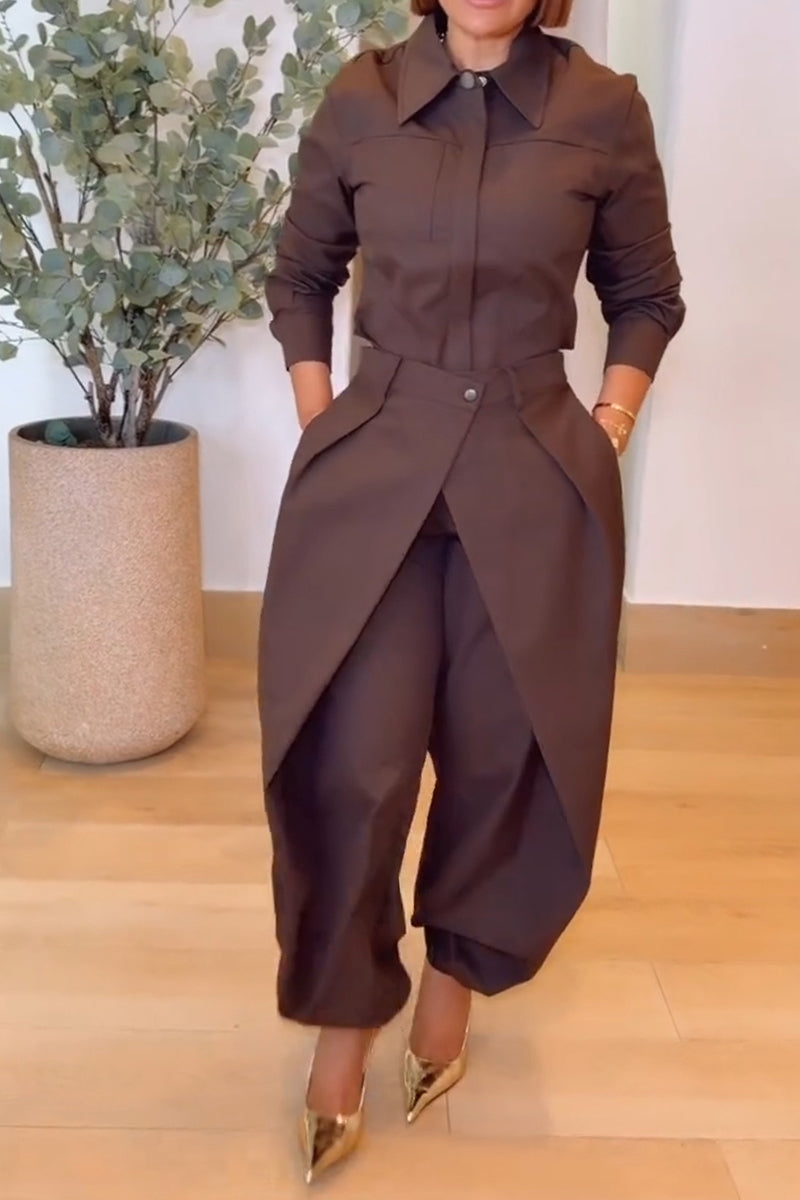 Women's Fashion Commuter Shirt Overlap Elastic Cuff Pants Two-Piece Set