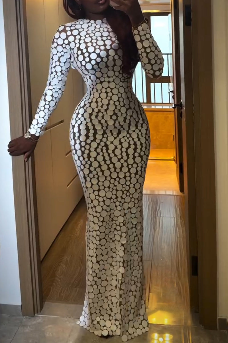 Women's Round Neck Circular Pattern Slim Fit Elegant Temperament Long Sleeve Dress