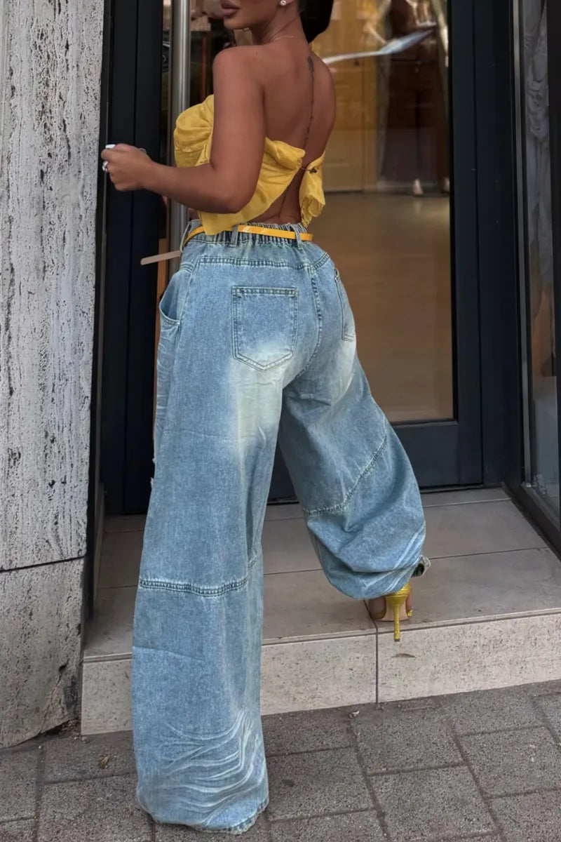 Acid Wash Yellow‑Thread Ripped Baggy Jeans
