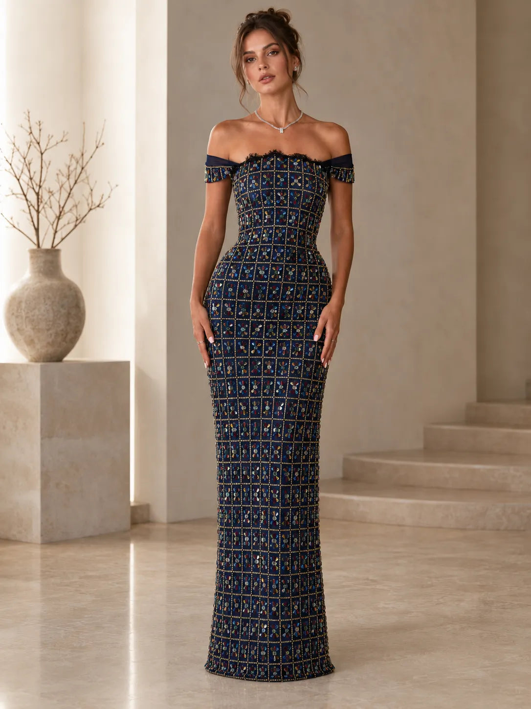 Off-Shoulder Embellished Mermaid Maxi Dress