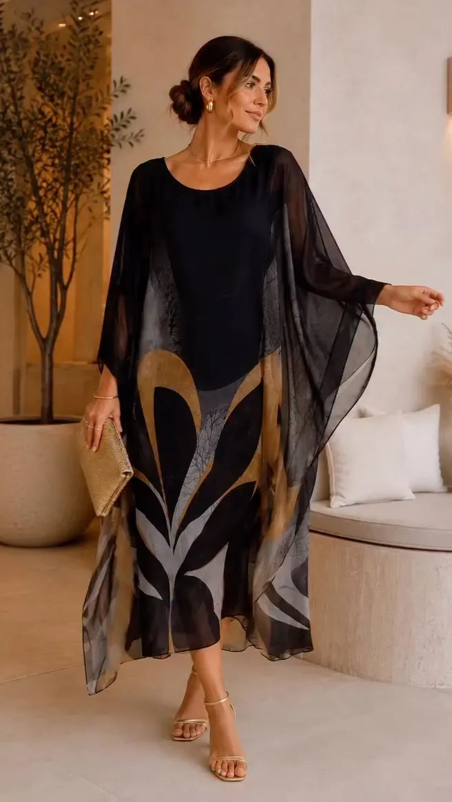 Abstract Print Chiffon Loose Maxi Dress