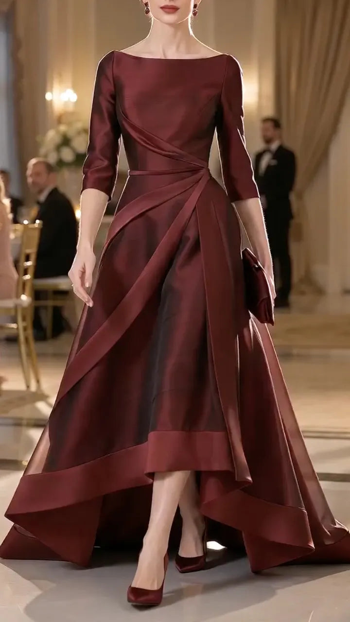 Burgundy Satin Draped High‑Low Formal Gown