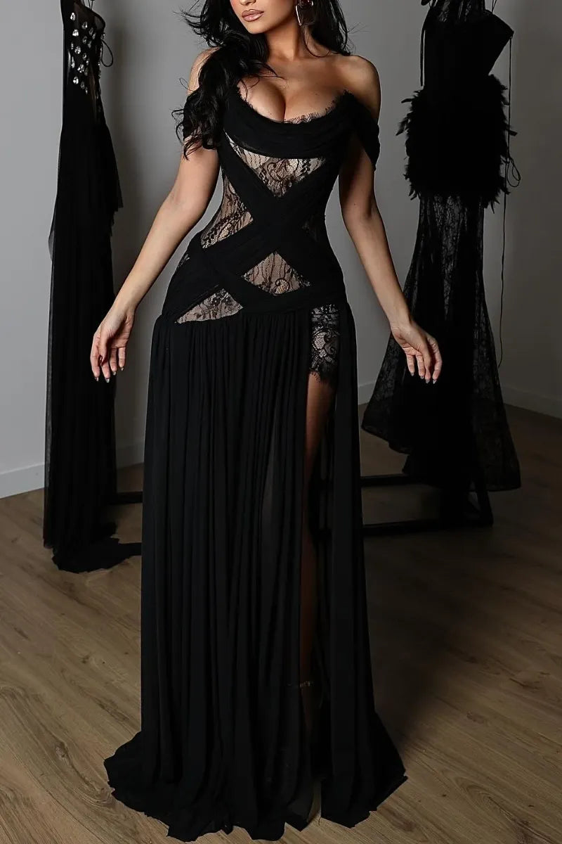 Off Shoulder Black Lace Chiffon Formal Maxi Dress