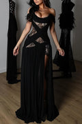 Off Shoulder Black Lace Chiffon Formal Maxi Dress