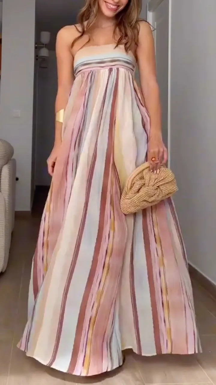 Black Draped Sleeveless Midi DressPastel Watercolor Stripe Strapless Maxi Dress