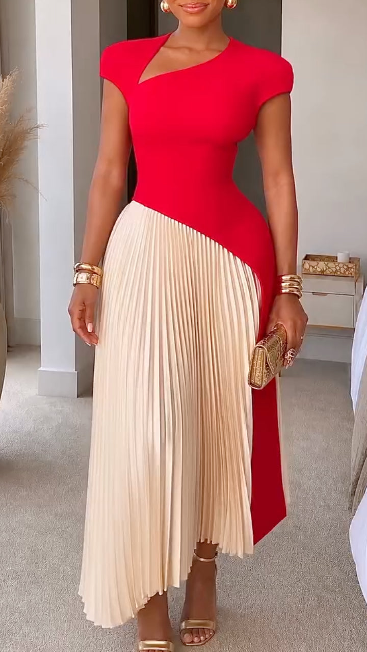 Red And Beige Color Block Pleated Two‑Piece Set