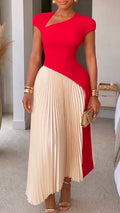 Red And Beige Color Block Pleated Two‑Piece Set