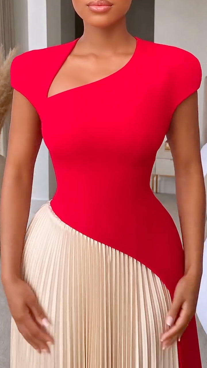 Red And Beige Color Block Pleated Two‑Piece Set