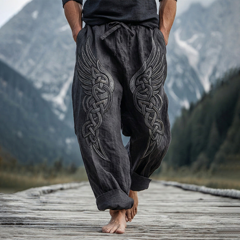 Men's Viking Tribal Jacquard Celtic With Wings Inspired Art Linen Pants