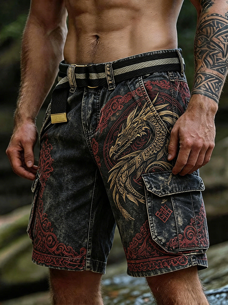 Ethnic Retro Outdoor Viking Dragon Print Multi-pocket Shorts