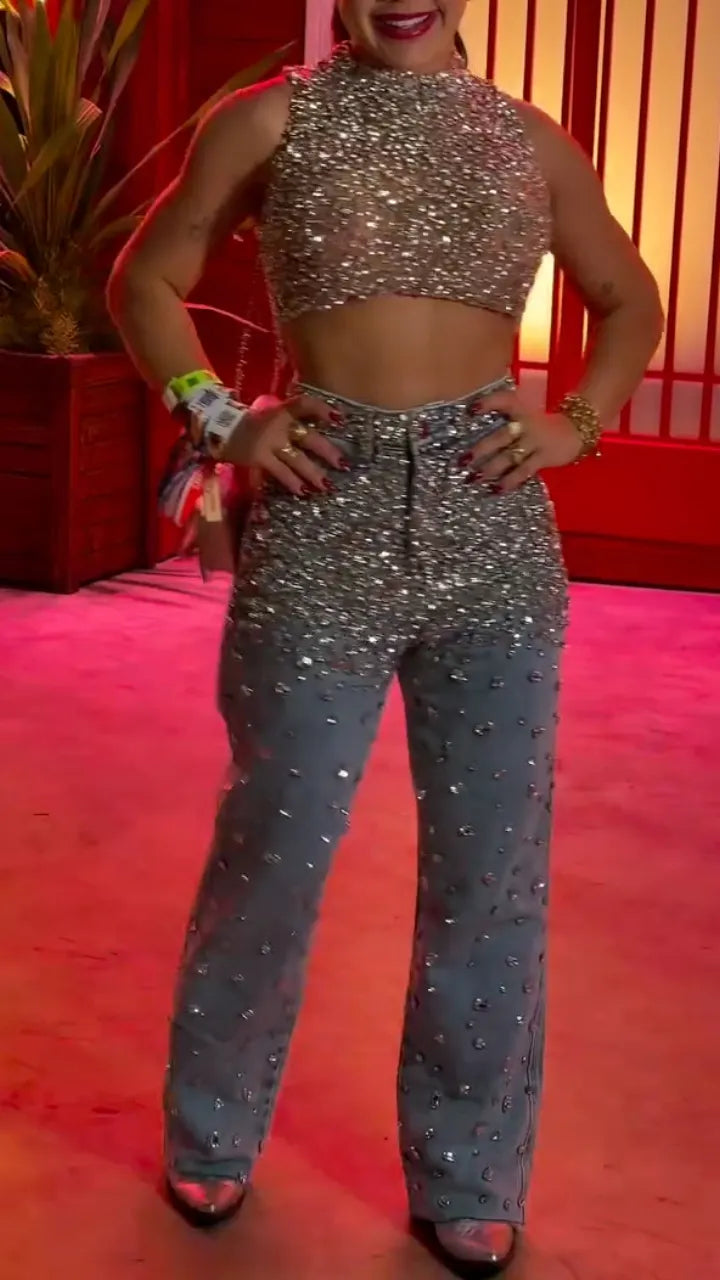 Rhinestone Embellished Crop Top And Denim Straight Jeans Set