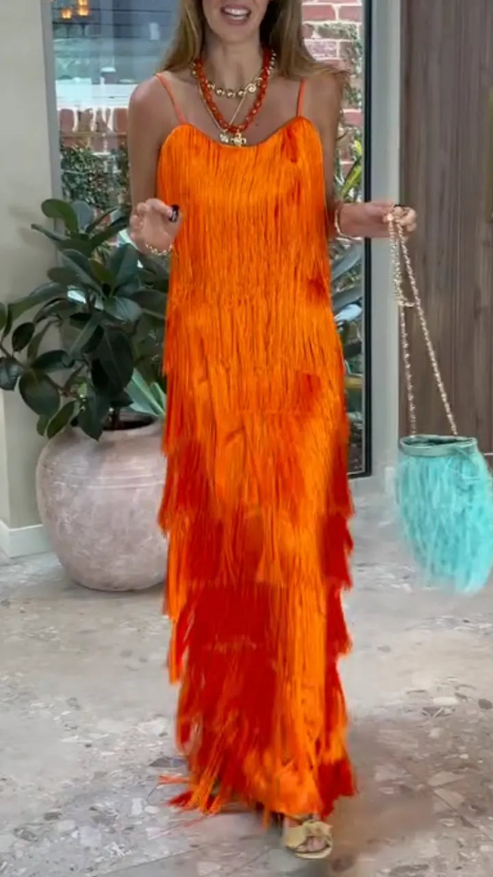 Vibrant Orange Tiered Fringe Maxi Dress