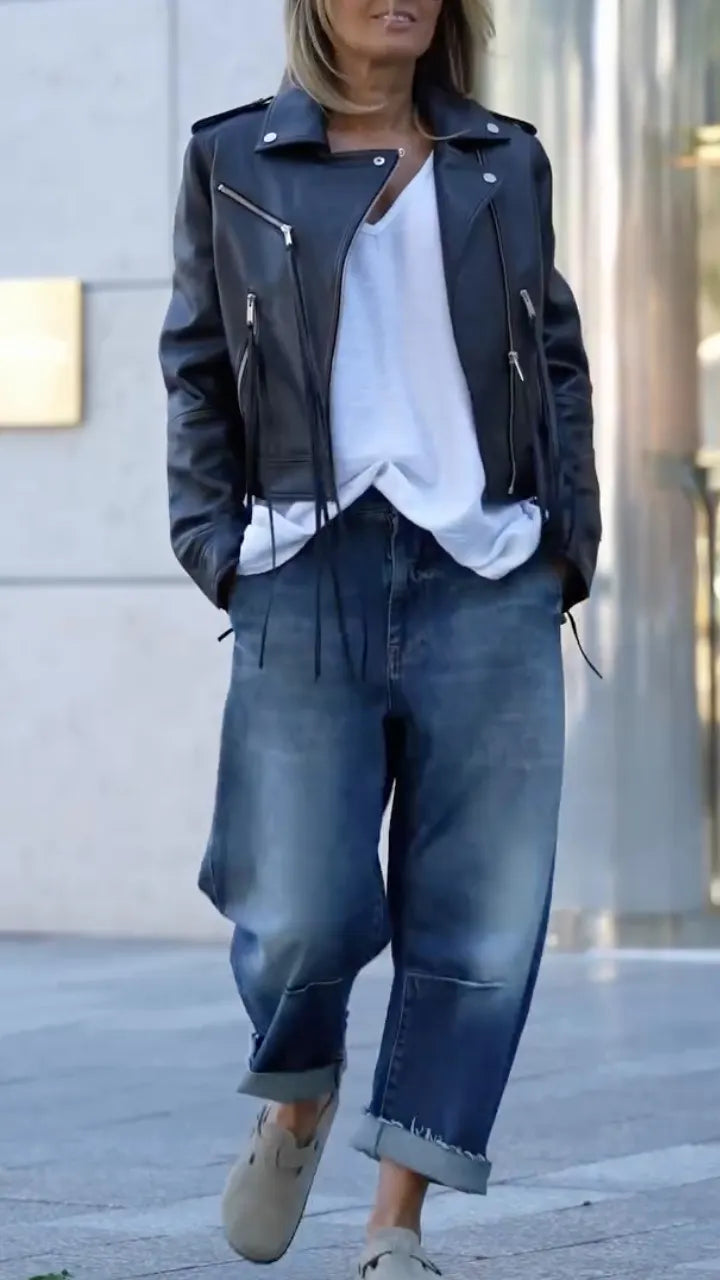 Cropped Black Leather Moto Jacket With Baggy Cuffed Jeans