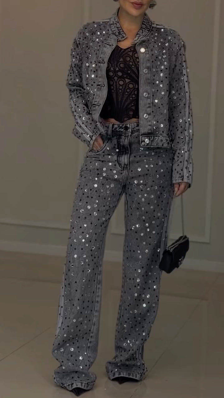 Denim Rhinestone Jacket And Jeans Two‑Piece Set