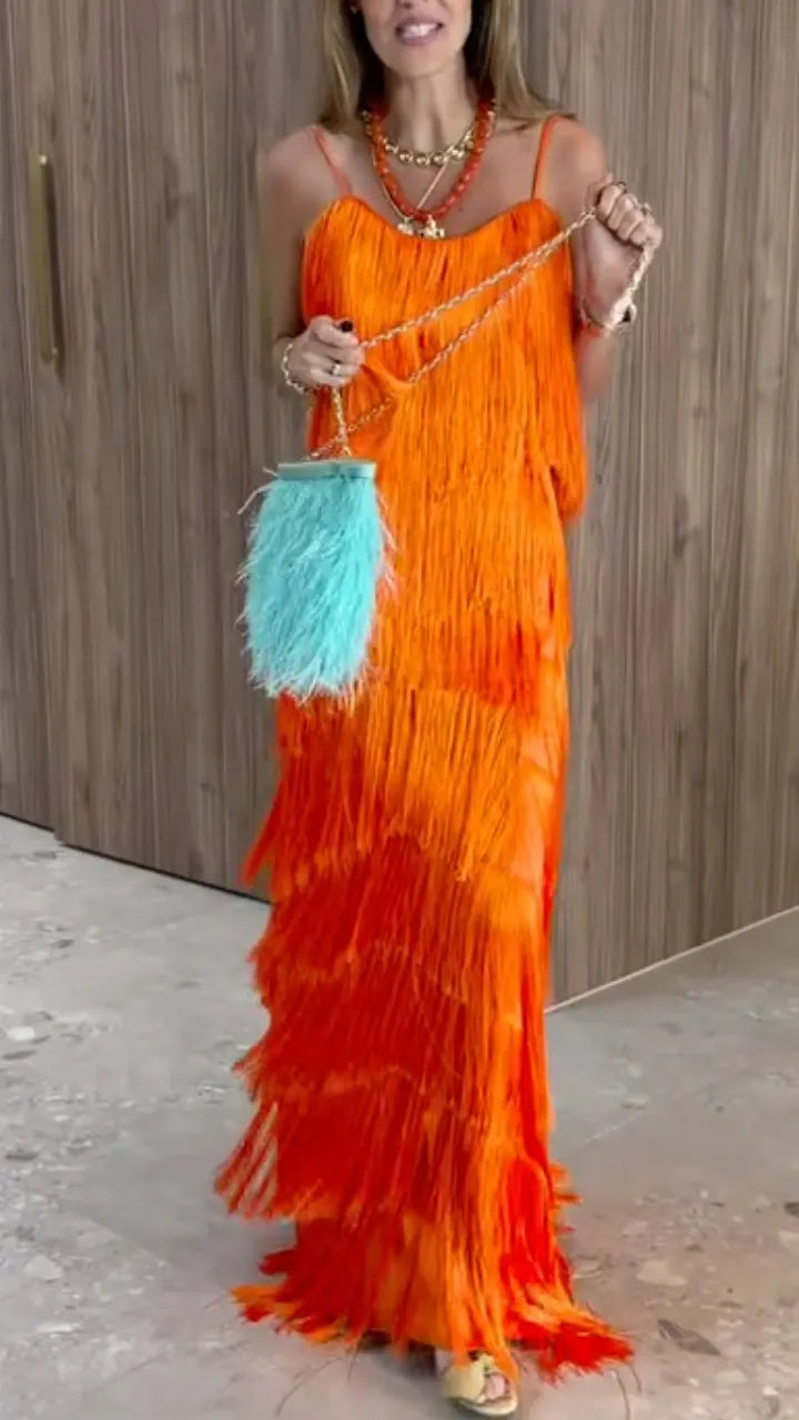 Vibrant Orange Tiered Fringe Maxi Dress