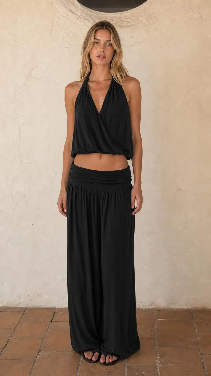 Women's Halter Crop Top and Wide Leg Pants Two-Piece Set