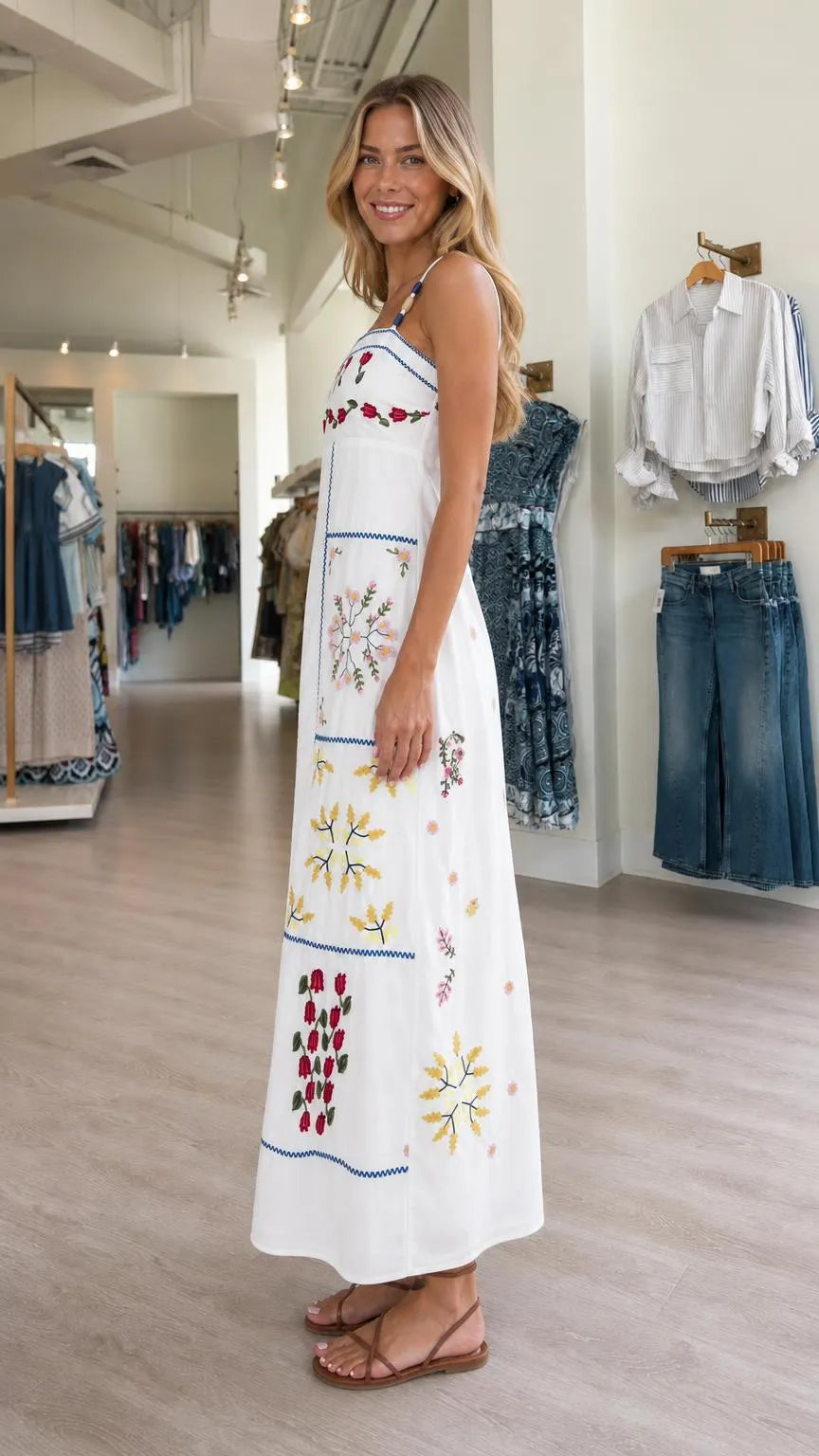 Women's Floral Embroidered Patchwork Spaghetti Strap Maxi Dress