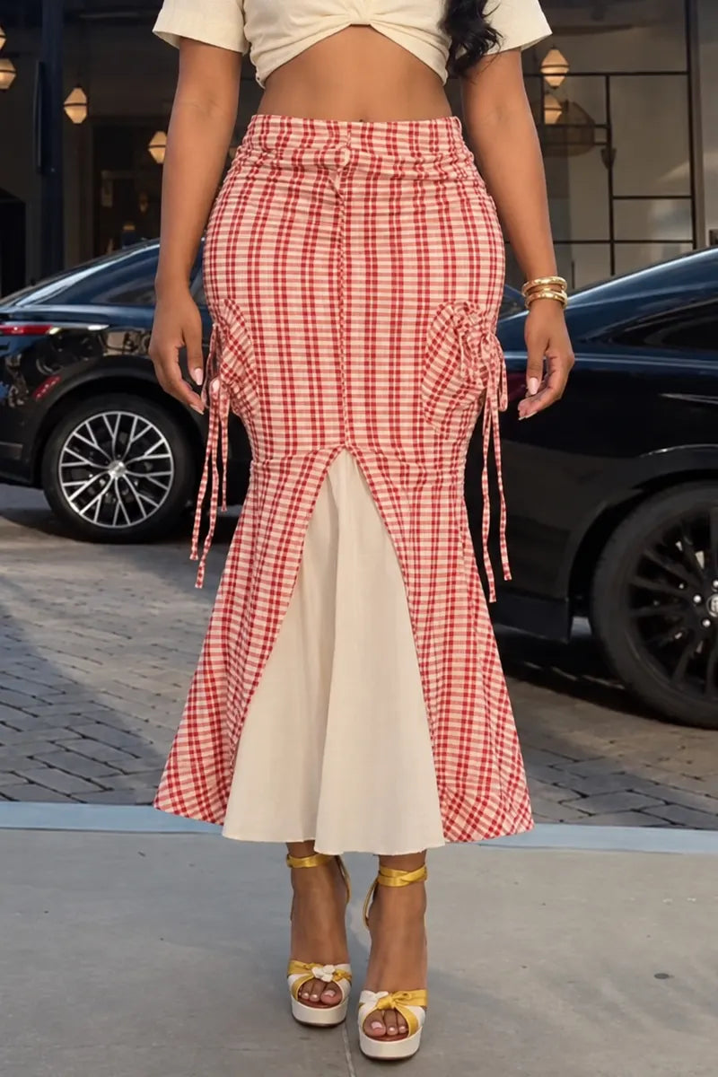 Red Gingham Ruched Mermaid Midi Skirt