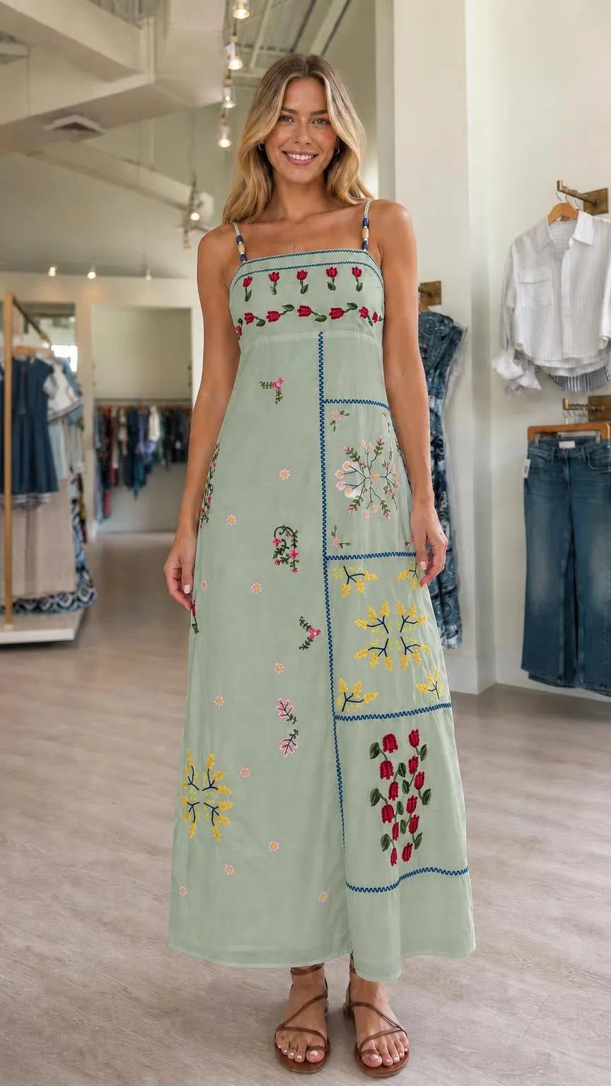 Women's Floral Embroidered Patchwork Spaghetti Strap Maxi Dress