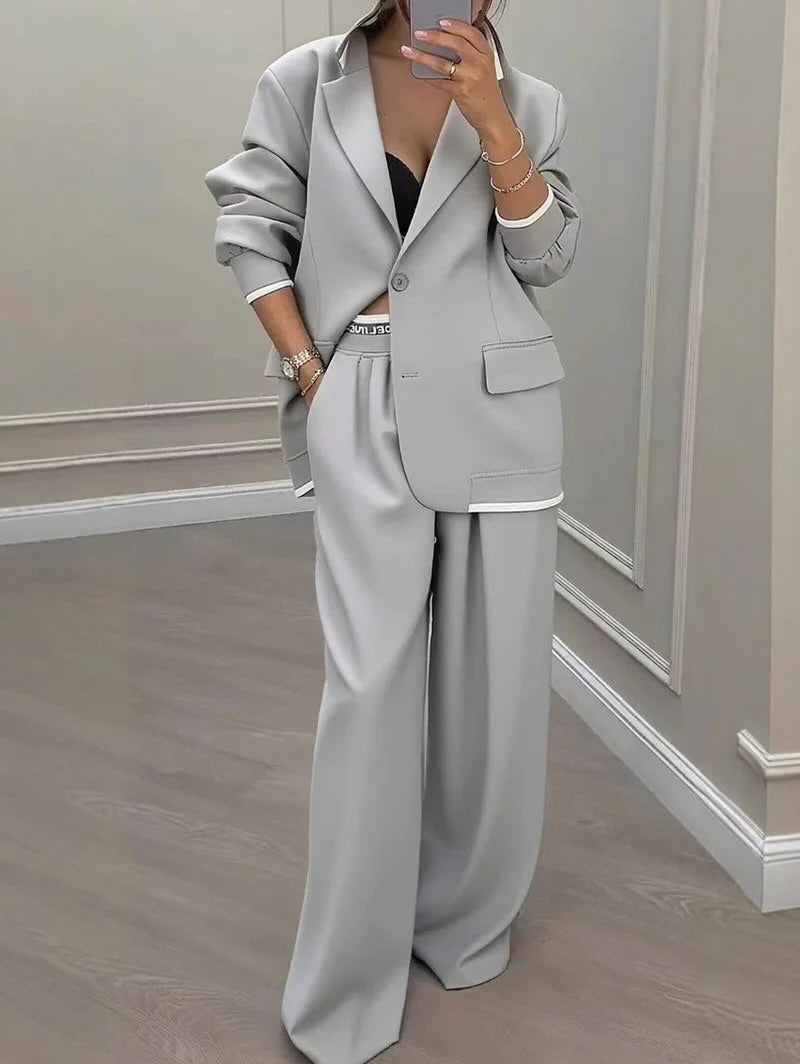 Contrast Trim Oversized Blazer And Wide Leg Pants Two Piece Set