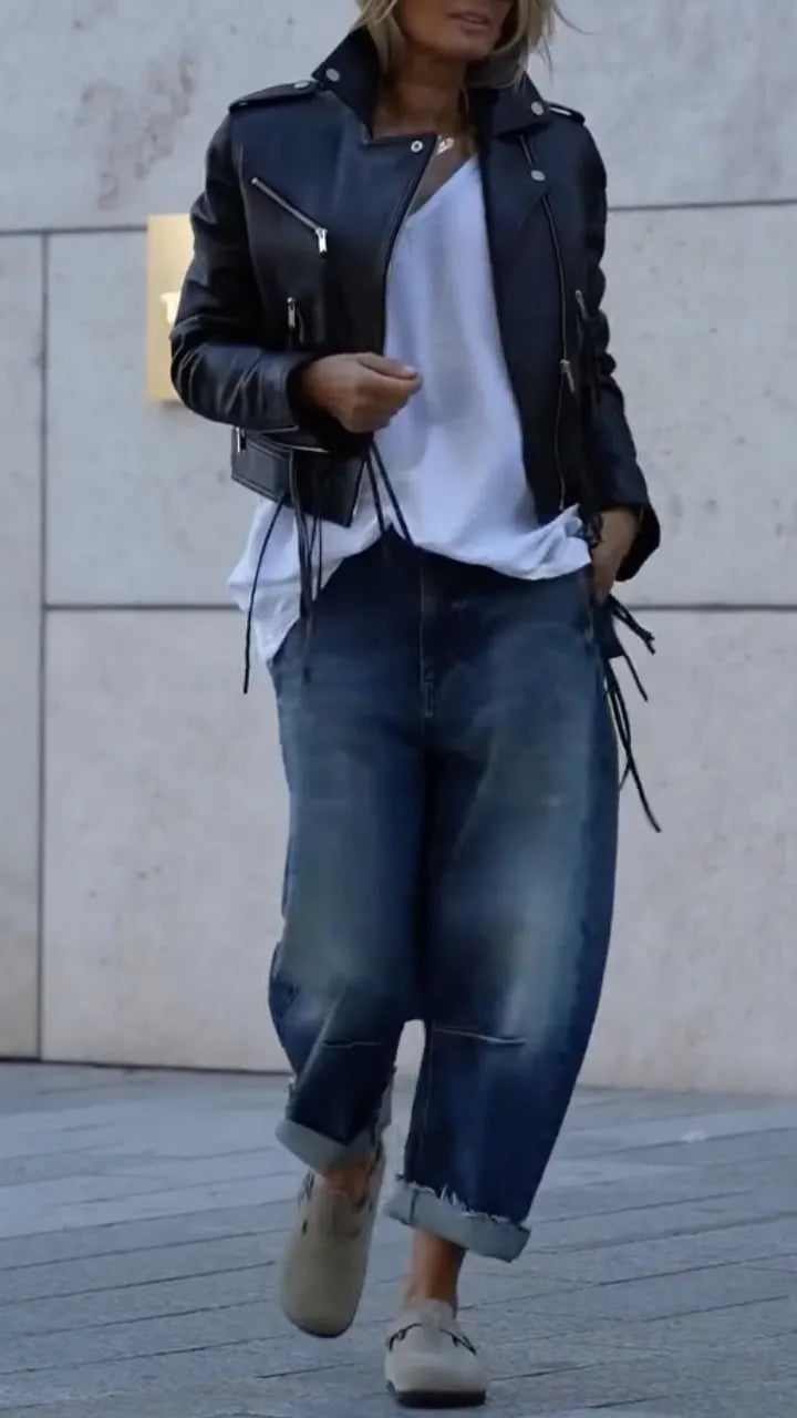 Cropped Black Leather Moto Jacket With Baggy Cuffed Jeans
