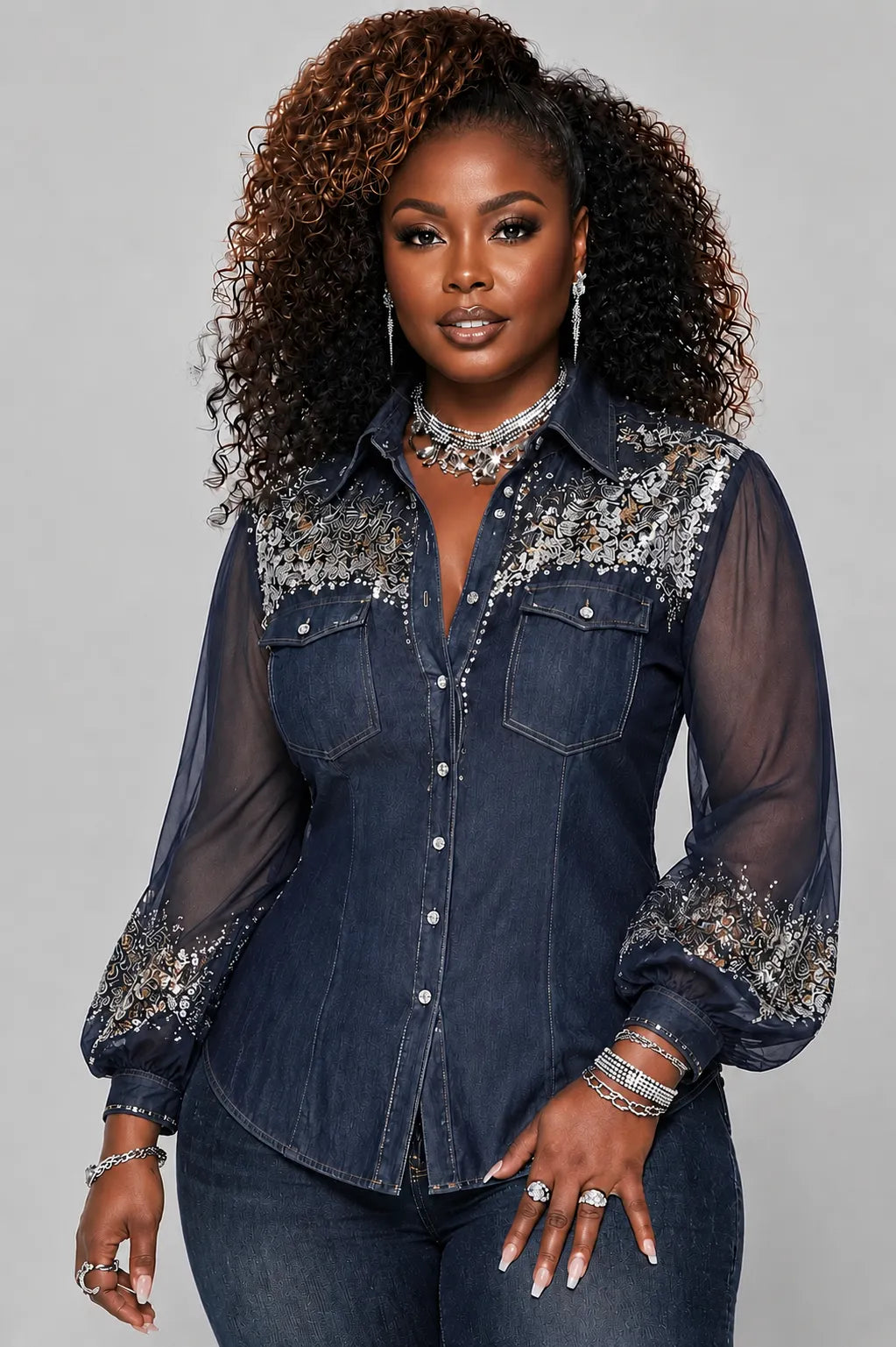 Embroidered Rhinestone Denim Chiffon Blouse