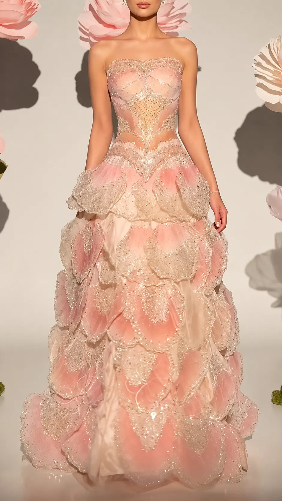 Pink Ombre 3D Petal Strapless Ball Gown