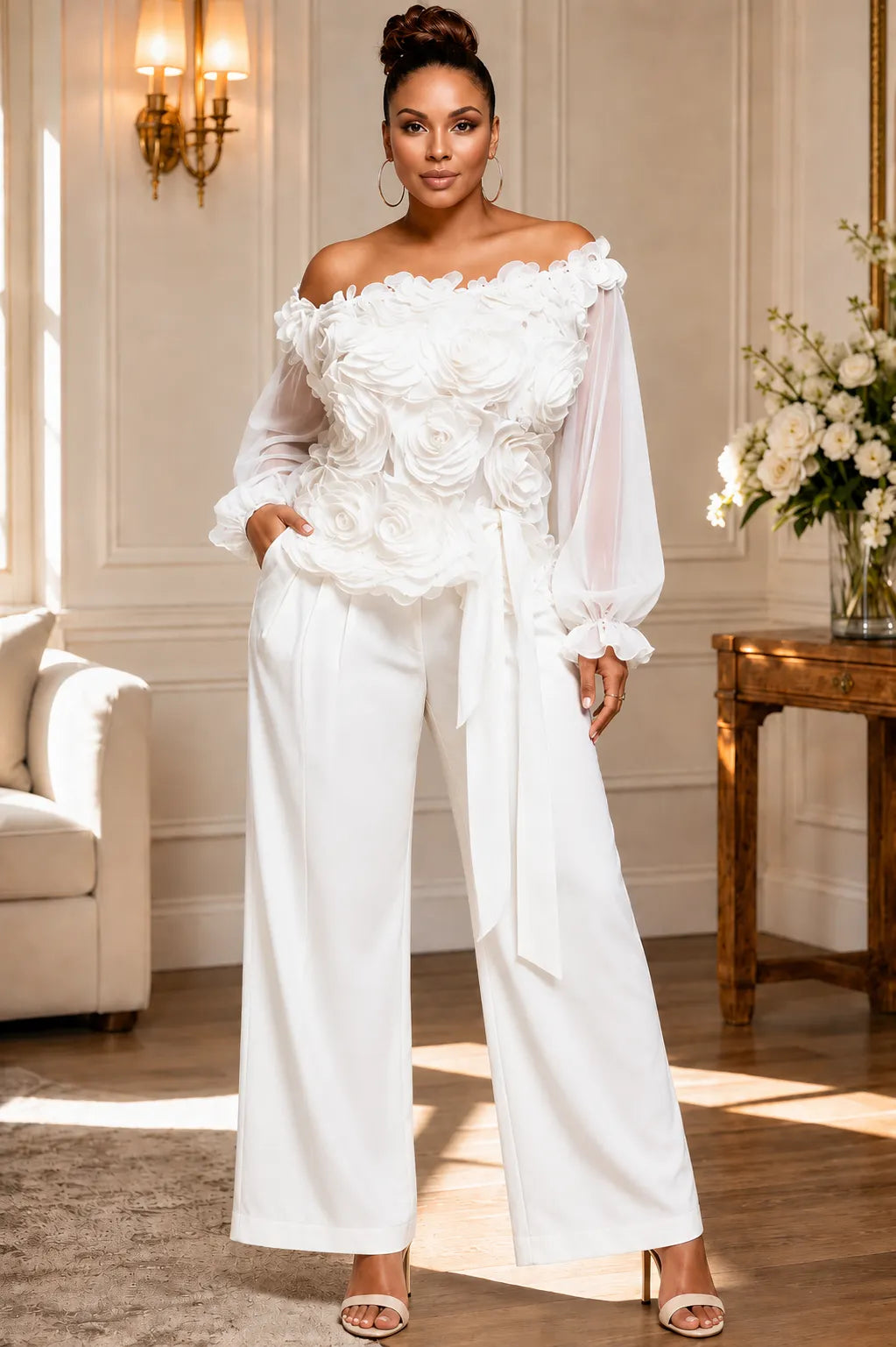 3D Floral Off‑The‑Shoulder White Two‑Piece Pant Set