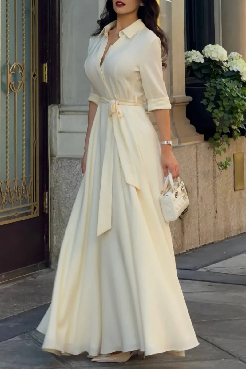 Cream Belted Shirt‑Style Maxi Dress