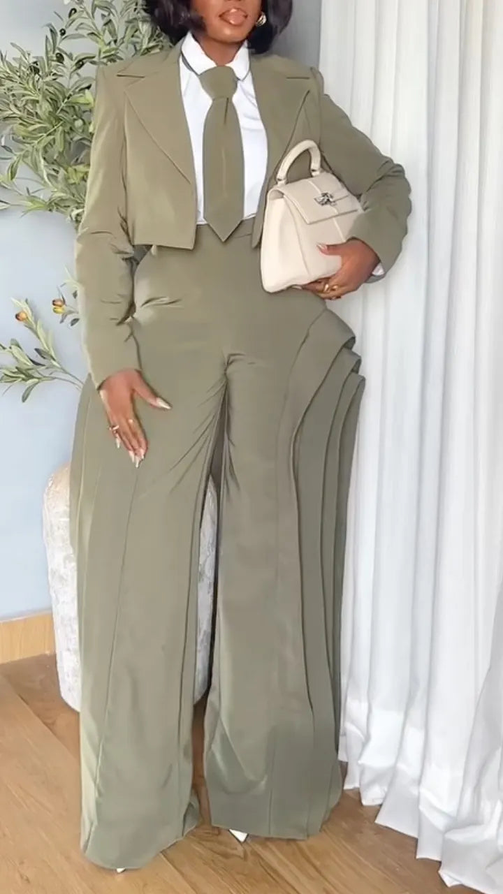 Olive Cropped Lapel Blazer Layer Flare Pant Suit Set（Buy 1 Free Shipping）