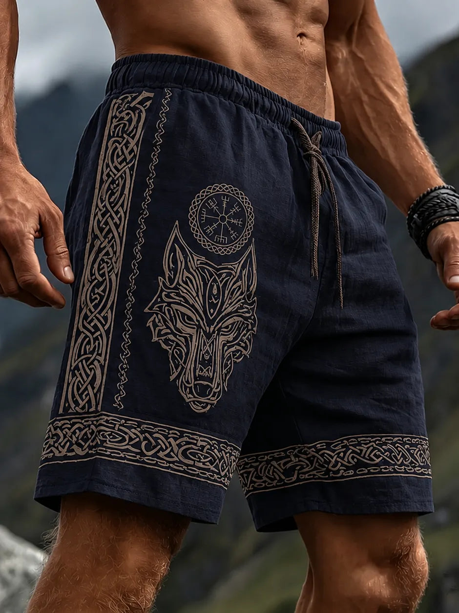 Men's Retro Viking Wolf Celtic Knot Art Linen Shorts