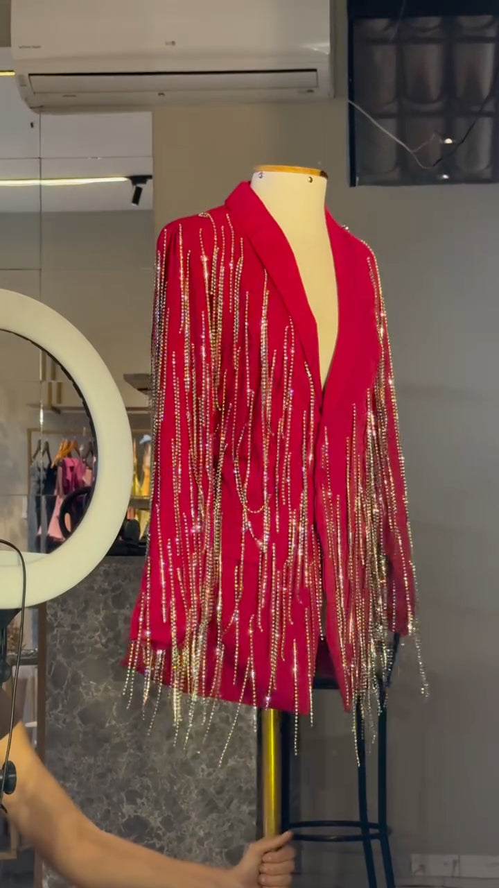 Red Blazer Jacket With Sparkling Rhinestone Fringe