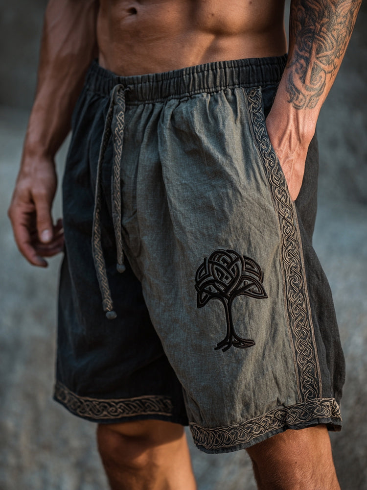 Men's Retro Viking Tree Of Life Celtic Knot Art Color Blocking Linen Shorts