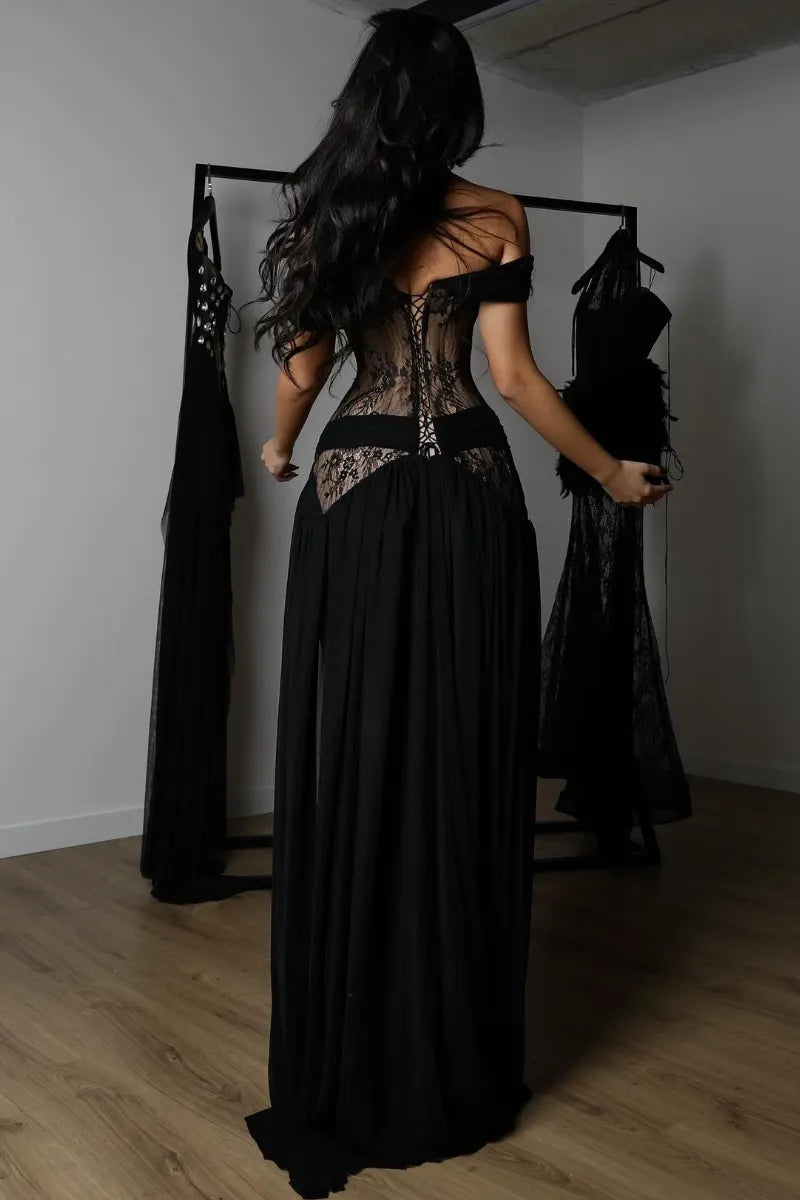 Off Shoulder Black Lace Chiffon Formal Maxi Dress