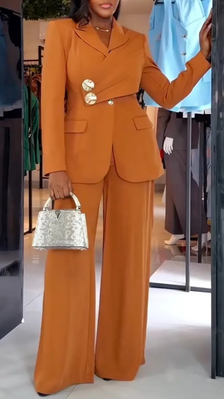 Women Collar Splicing Jacket+ Wide Leg Pants Temperament Commuting Formal Suit